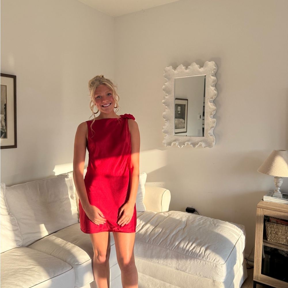 Elegant Red One-Shoulder Dress with Floral Accents